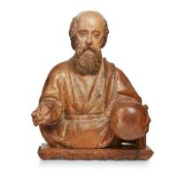 SPANISH CARVED WOOD POLYCHROME BUST OF SAINT PAUL