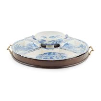 BLUE AND WHITE TRANSFER PRINTED DAVENPORT SUPPER SET ON MAHOGANY TRAY