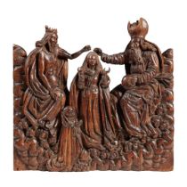 GERMAN CARVED LIMEWOOD PANEL OF THE CORONATION OF THE VIRGIN MARY