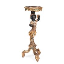 ITALIAN POLYCHROMED AND PARCEL-GILT FIGURAL TORCHERE STAND