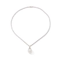 A cultured pearl and diamond pendant necklace