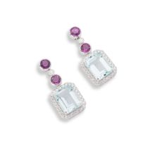 A pair of aquamarine, ruby and diamond pendent earrings