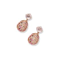 A pair of rose-quartz, coloured sapphire and diamond pendent earrings