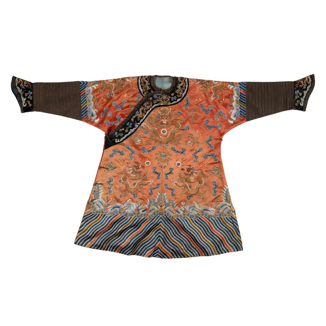 PERSIMMON-GROUND SILK EMBROIDERED ‘DRAGON’ ROBE