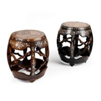 PAIR OF MARBLE-INSET MOTHER-OF-PEARL-INLAID HARDWOOD GARDEN STOOLS