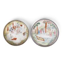 TWO PAINTED CANTON ENAMEL CIRCULAR PLATES