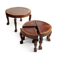 SET OF HARDWOOD TABLE WITH FOUR SMALL STOOLS