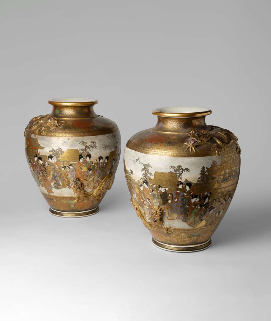 LARGE AND FINE PAIR OF SATSUMA VASES