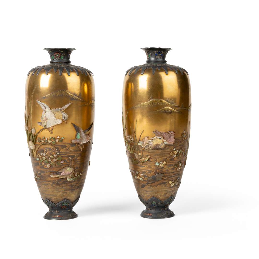 FINE PAIR OF SILVER-MOUNTED, GOLD-LACQUER, AND SHIBAYAMA-INLAID VASES