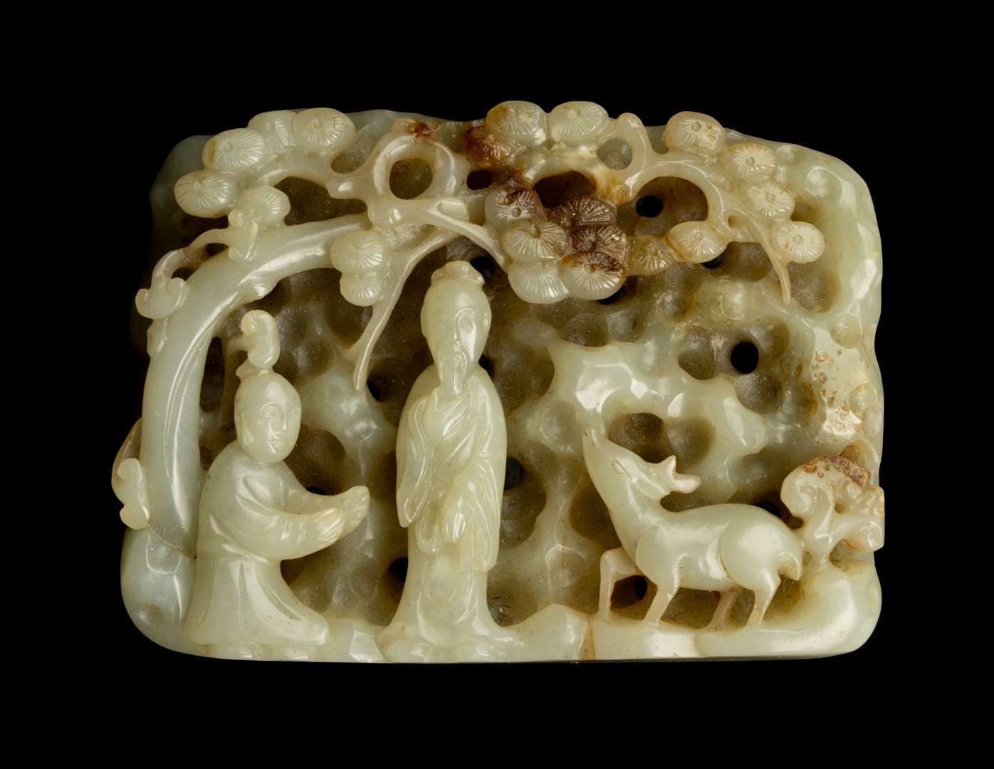CELADON JADE CARVING 'IMMORTAL AND PINE' PLAQUE