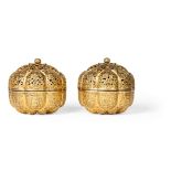 PAIR OF GILT BRONZE LOBED INCENSE BOXES