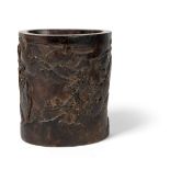 CARVED ZITAN 'LANDSCAPE' BRUSH POT