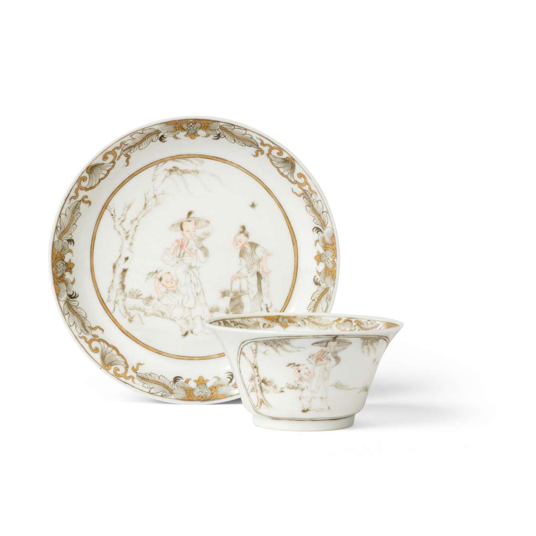 SET OF GRISAILLE AND GILT-DECORATED CUP AND SAUCER