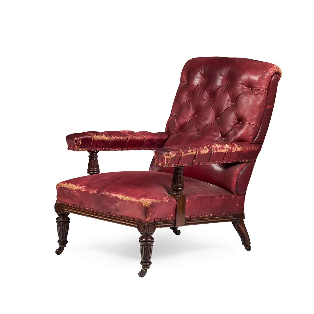 EARLY VICTORIAN MAHOGANY LEATHER UPHOLSTERED LIBRARY ARMCHAIR