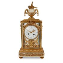 FRENCH WHITE MARBLE AND GILT BRONZE FOUR GLASS MANTEL CLOCK