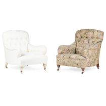 MATCHED PAIR OF VICTORIAN UPHOLSTERED ARMCHAIRS, IN THE HOWARD STYLE