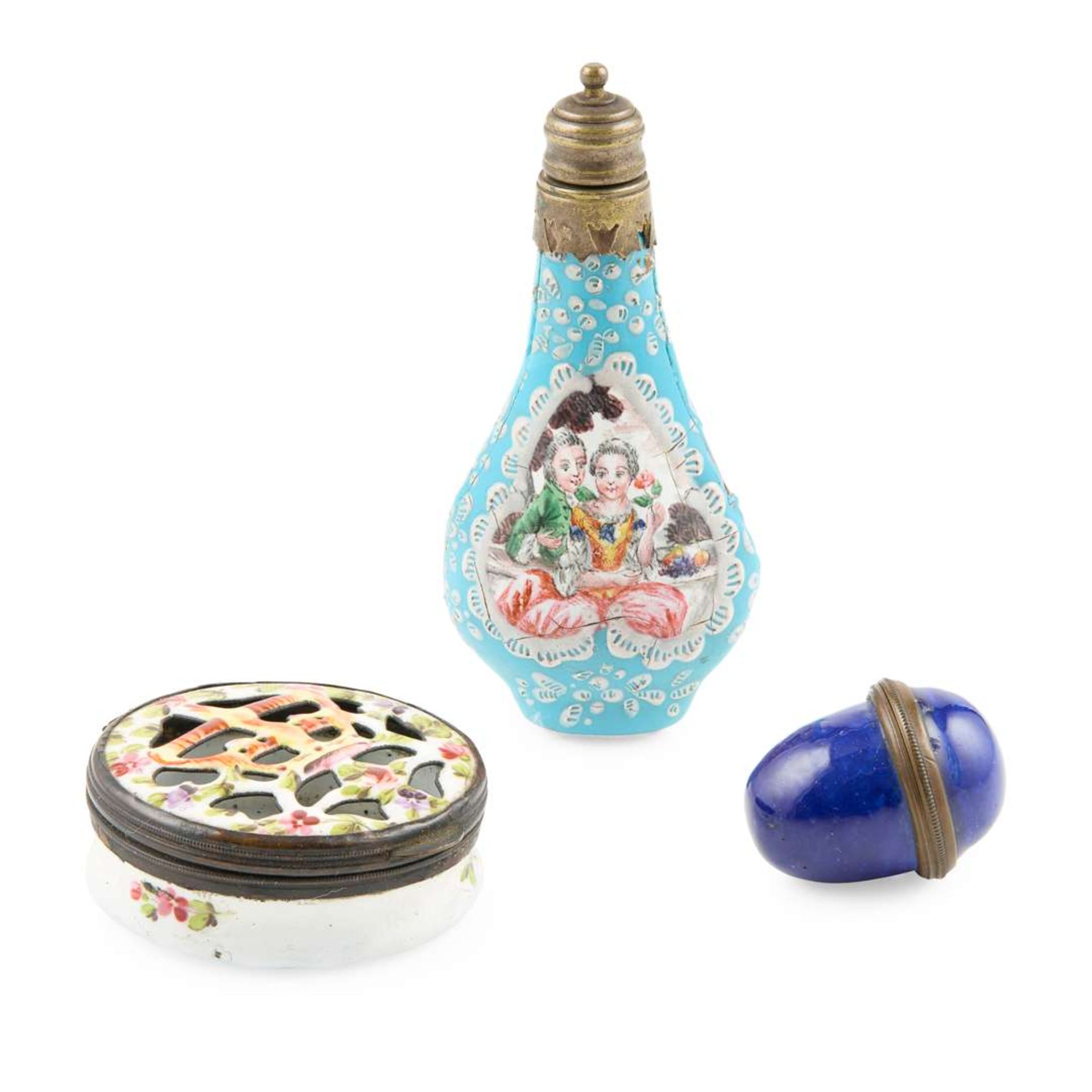 GROUP OF THREE ENAMEL SCENT CONTAINERS