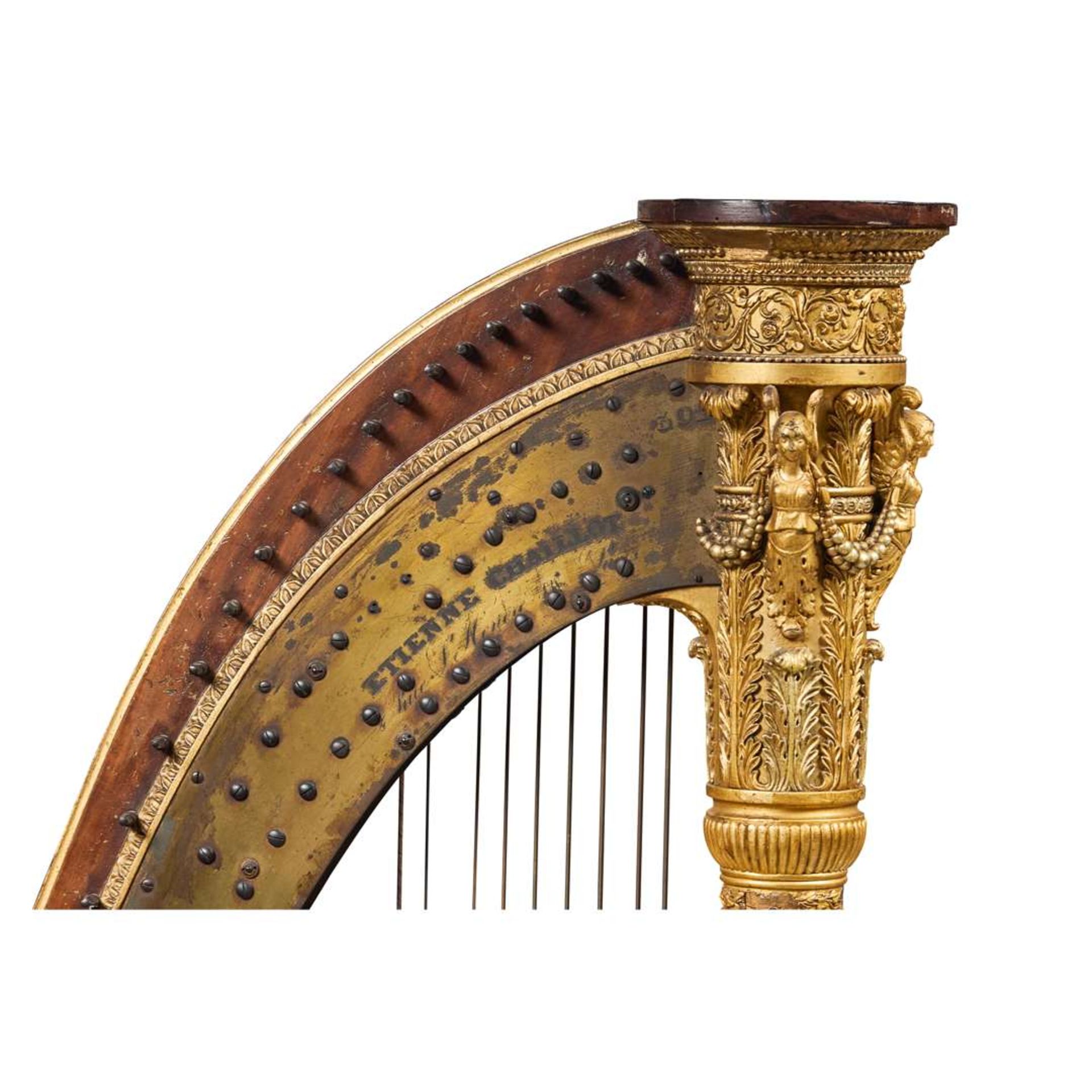 FRENCH PARCEL-GILT AND WALNUT PEDAL HARP, BY ETIENNE CHAILLOT - Image 2 of 3