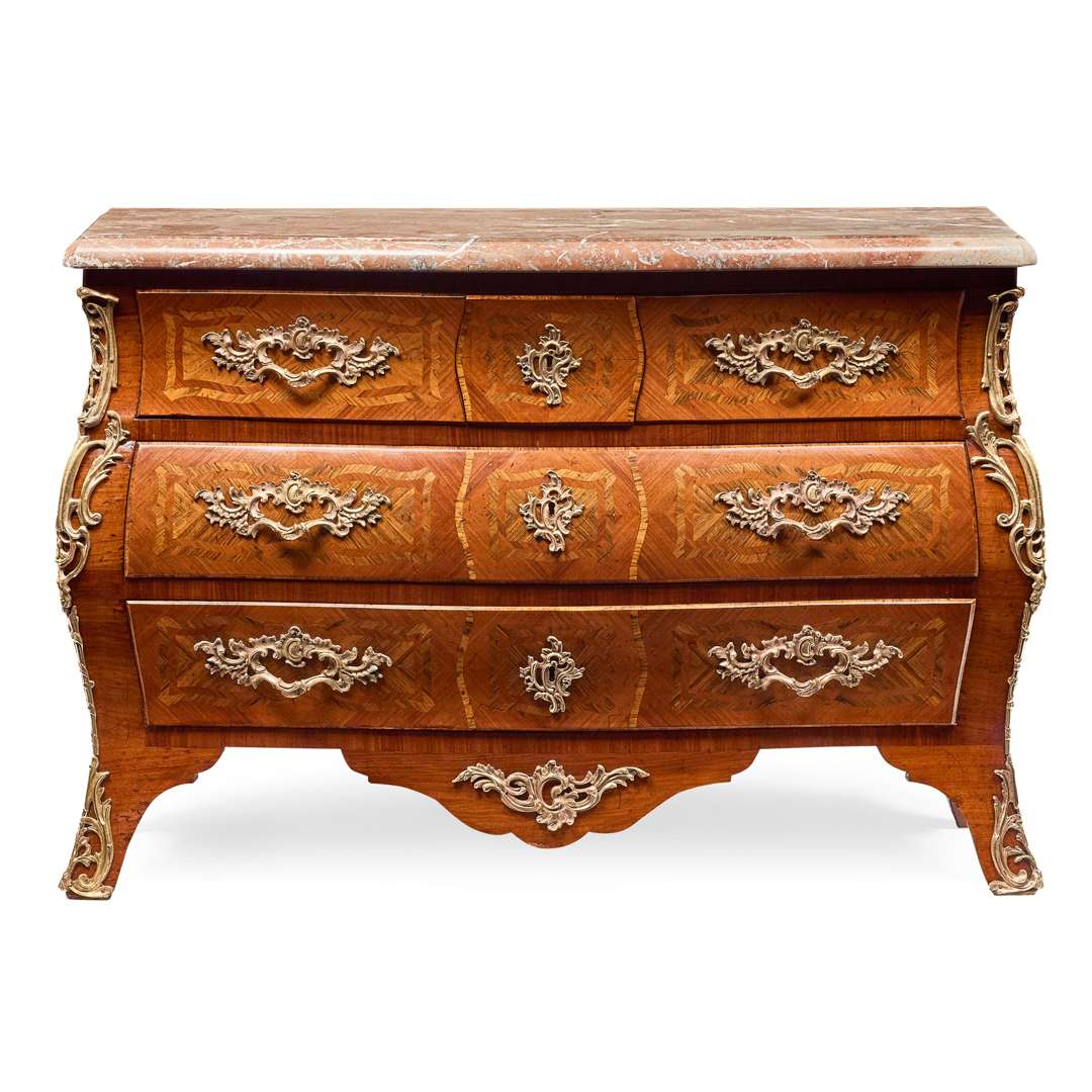 LOUIS XV TULIPWOOD AND BOIS SATINE MARBLE TOPPED BOMBE COMMODE