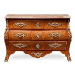 LOUIS XV TULIPWOOD AND BOIS SATINE MARBLE TOPPED BOMBE COMMODE