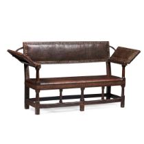 CHARLES II OAK AND LEATHER SETTLE