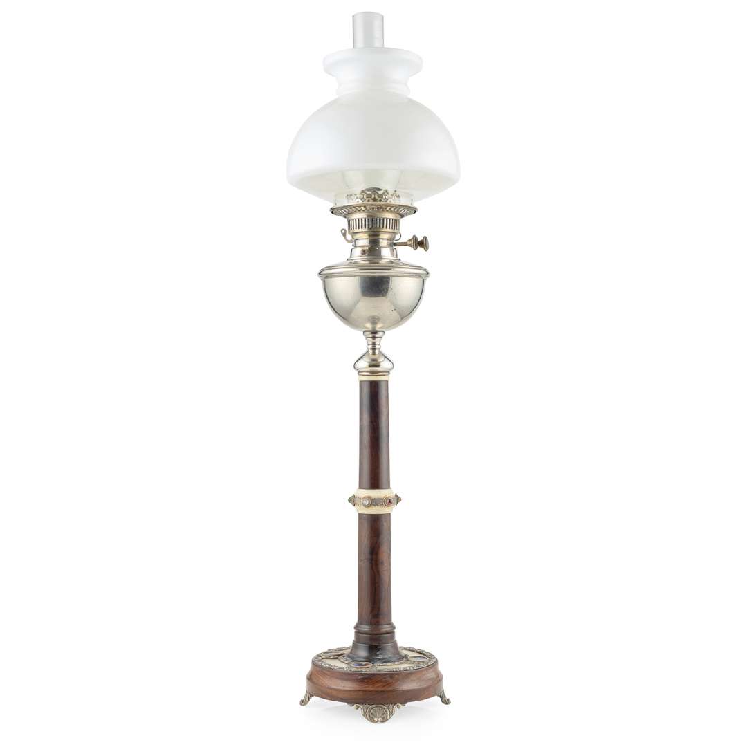 RENAISSANCE REVIVAL EBONY, SILVERPLATED, IVORY AND HARDSTONE MOUNTED PARAFFIN LAMP
