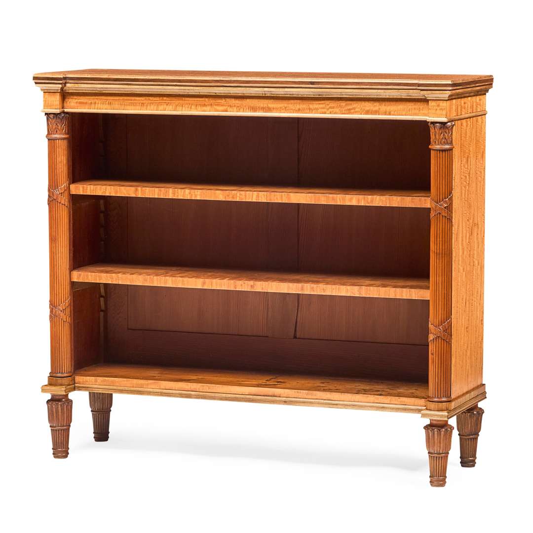 VICTORIAN SATINWOOD, ROSEWOOD, AND PARCEL-GILT OPEN BOOKCASE
