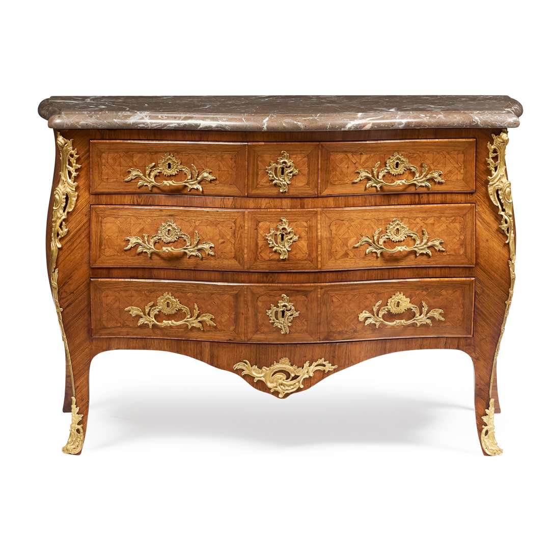 LOUIS XV KINGWOOD, TULIPWOOD AND PARQUETRY MARBLE TOPPED COMMODE - Image 2 of 7