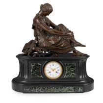 FRENCH PATINATED BRONZE AND MARBLE FIGURAL MANTEL CLOCK