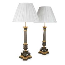 PAIR OF FRENCH RESTORATION PATINATED AND GILT BRONZE LAMPS