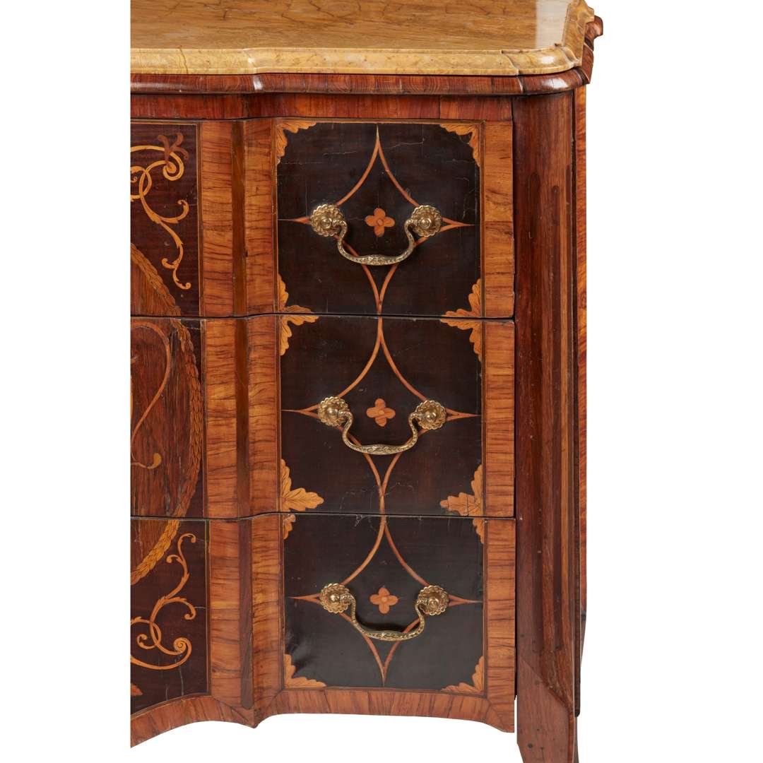 GEORGE III HAREWOOD, ROSEWOOD, AND BOXWOOD BREAKFRONT MARQUETRY MARBLE TOPPED COMMODE - Image 4 of 6
