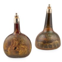 TWO PAINTED GLASS AND SILVER MOUNTED BOTTLES