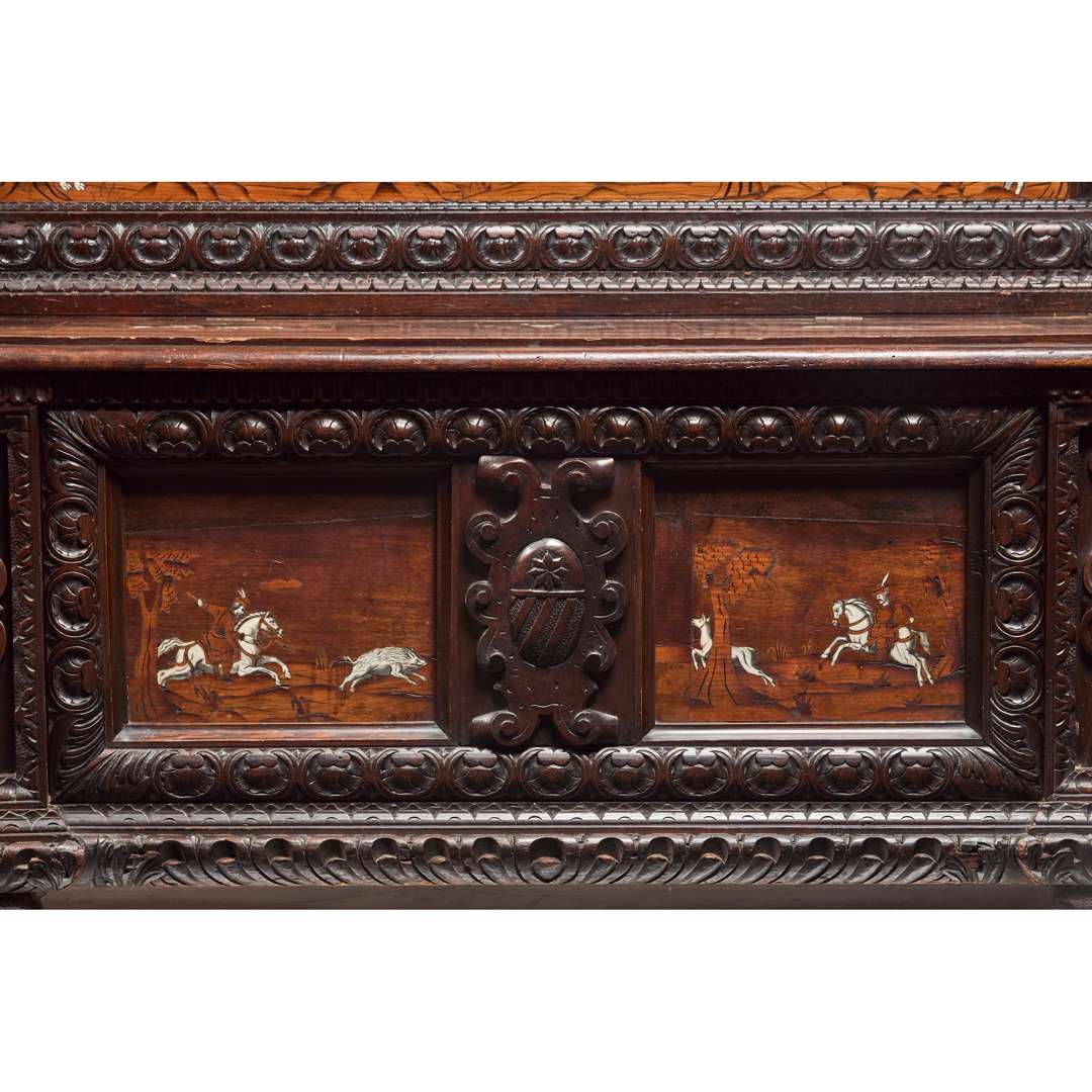 NORTH ITALIAN WALNUT, IVORY AND MARQUETRY HALL BENCH - Image 3 of 6