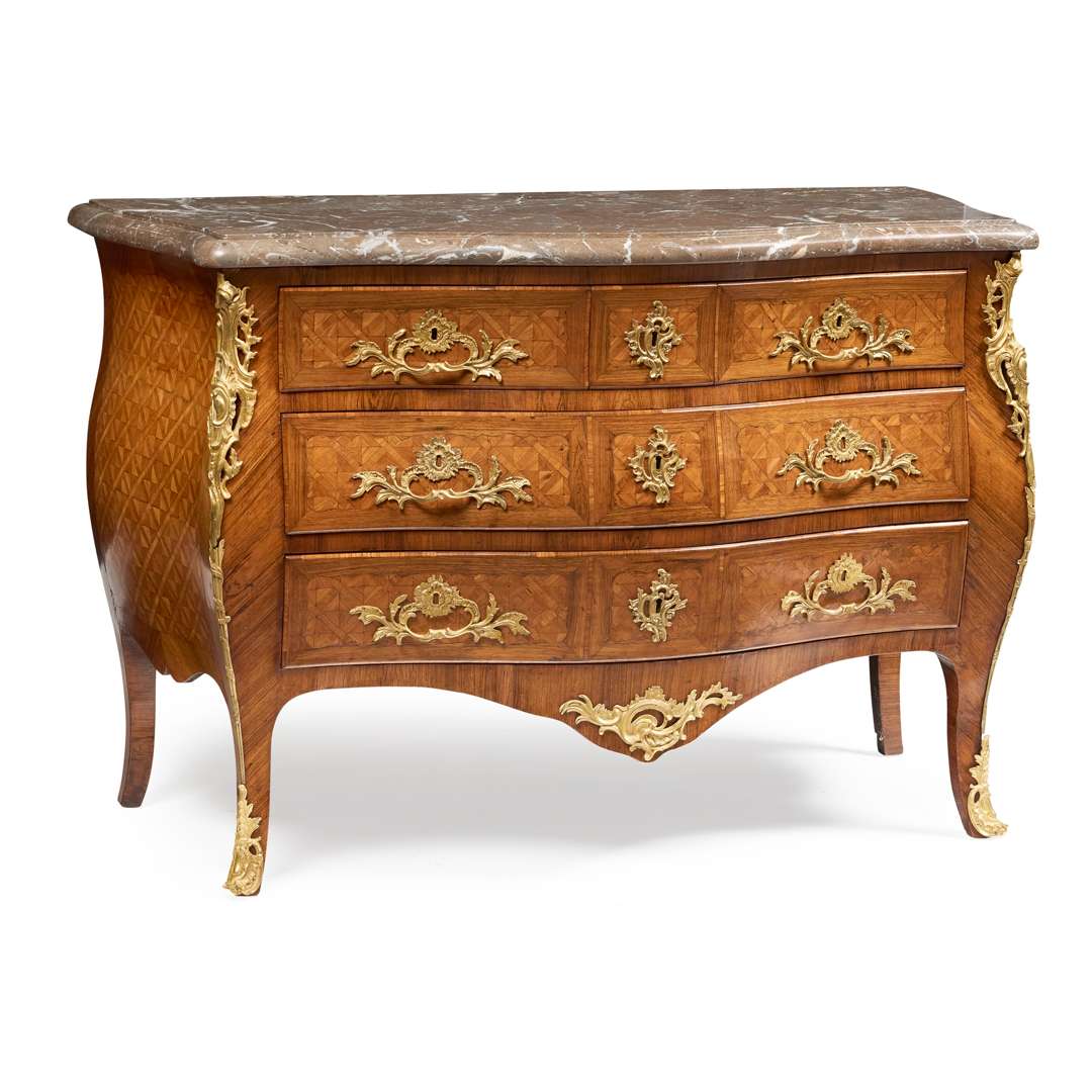 LOUIS XV KINGWOOD, TULIPWOOD AND PARQUETRY MARBLE TOPPED COMMODE