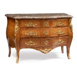 LOUIS XV KINGWOOD, TULIPWOOD AND PARQUETRY MARBLE TOPPED COMMODE