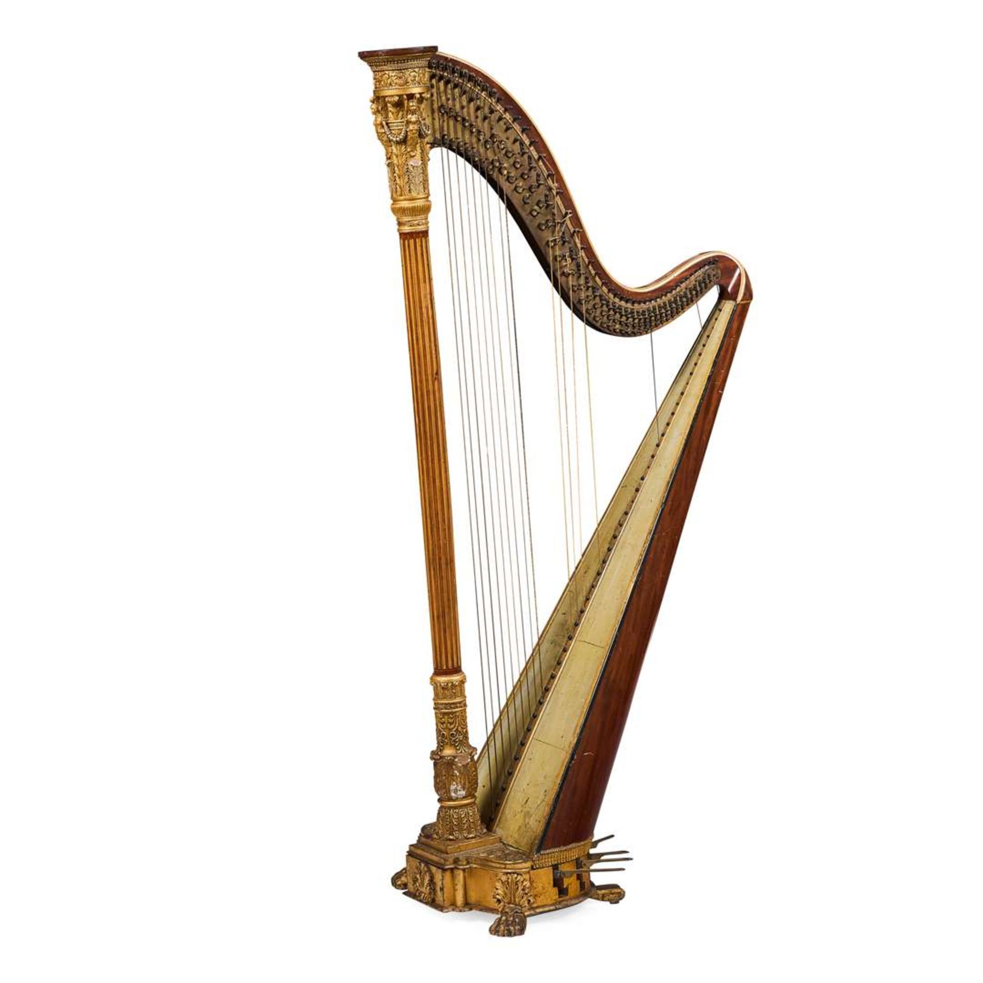 FRENCH PARCEL-GILT AND WALNUT PEDAL HARP, BY ETIENNE CHAILLOT - Image 3 of 3