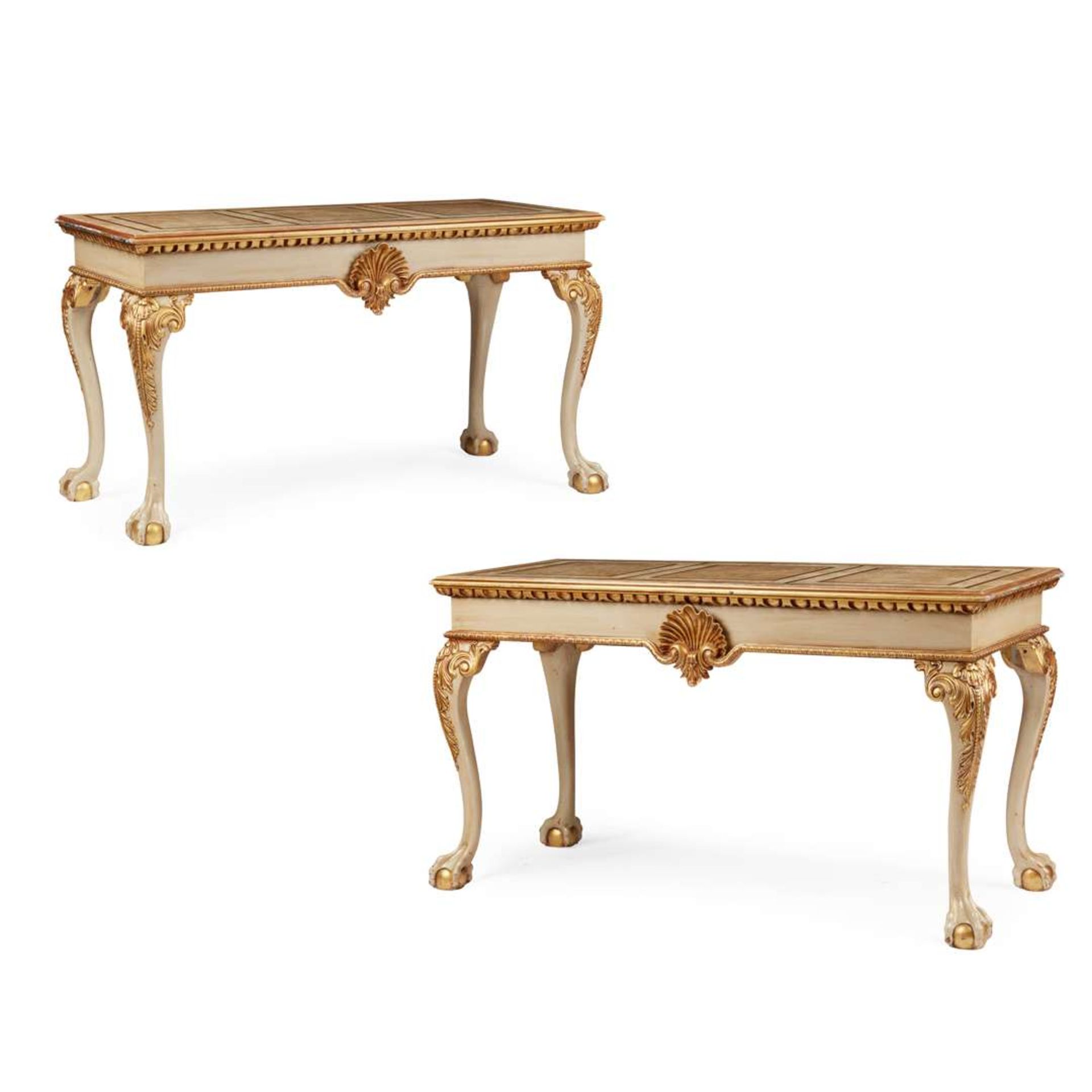PAIR OF GEORGE II STYLE PAINTED AND PARCEL GILT SIDE TABLES