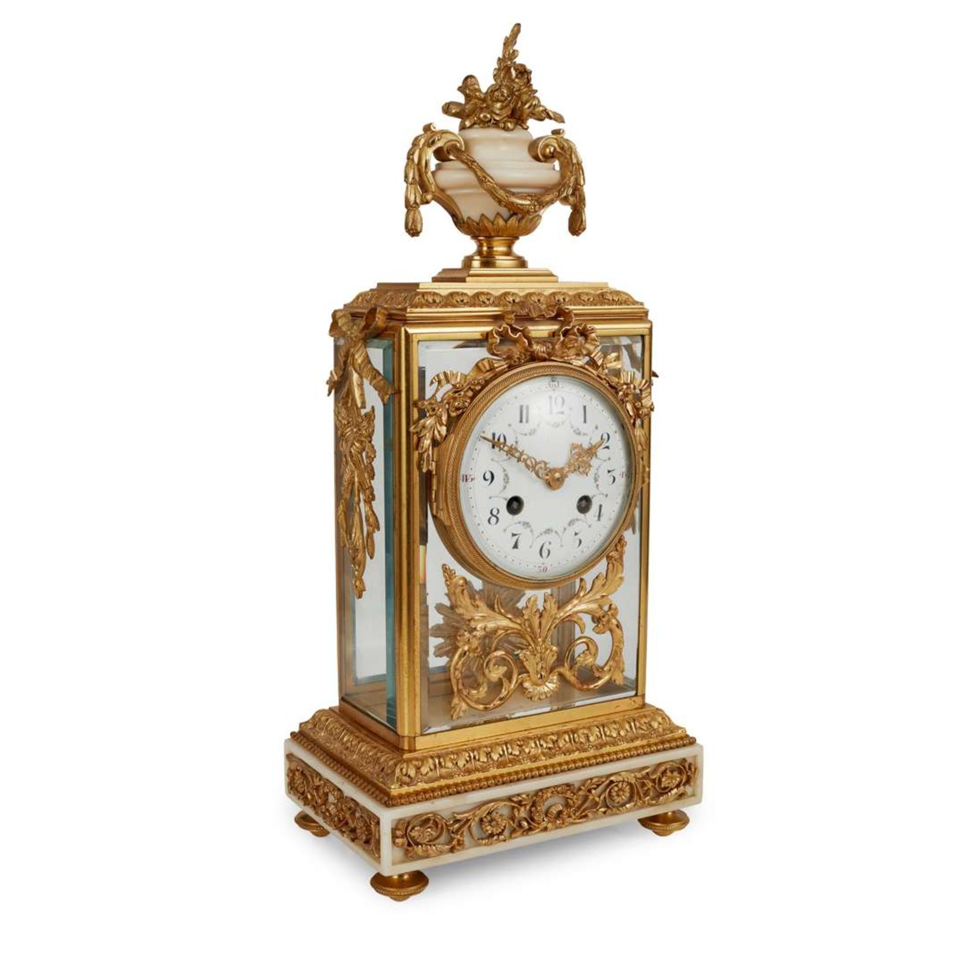 FRENCH WHITE MARBLE AND GILT BRONZE FOUR GLASS MANTEL CLOCK - Image 2 of 2