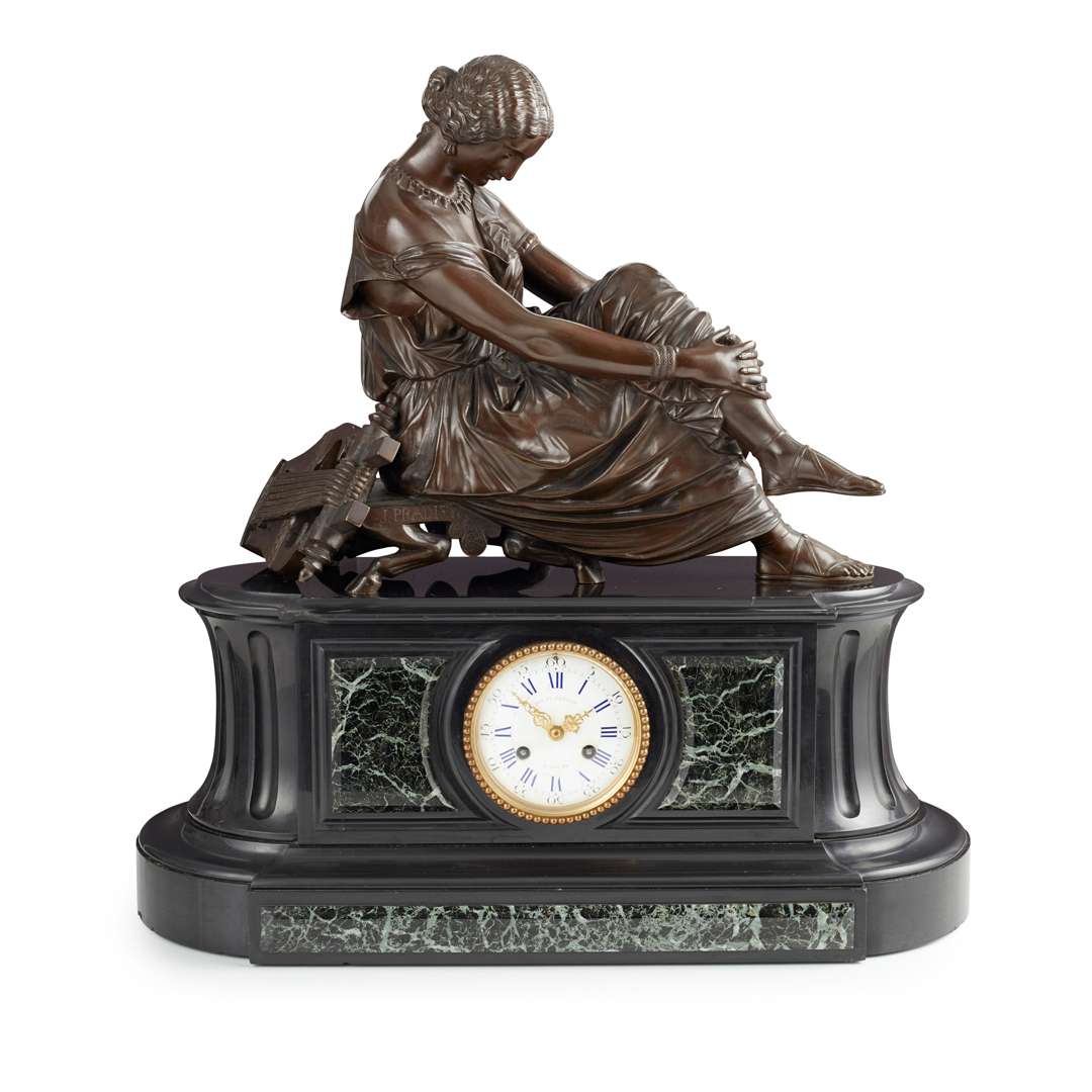 FRENCH PATINATED BRONZE AND MARBLE FIGURAL MANTEL CLOCK - Image 2 of 2