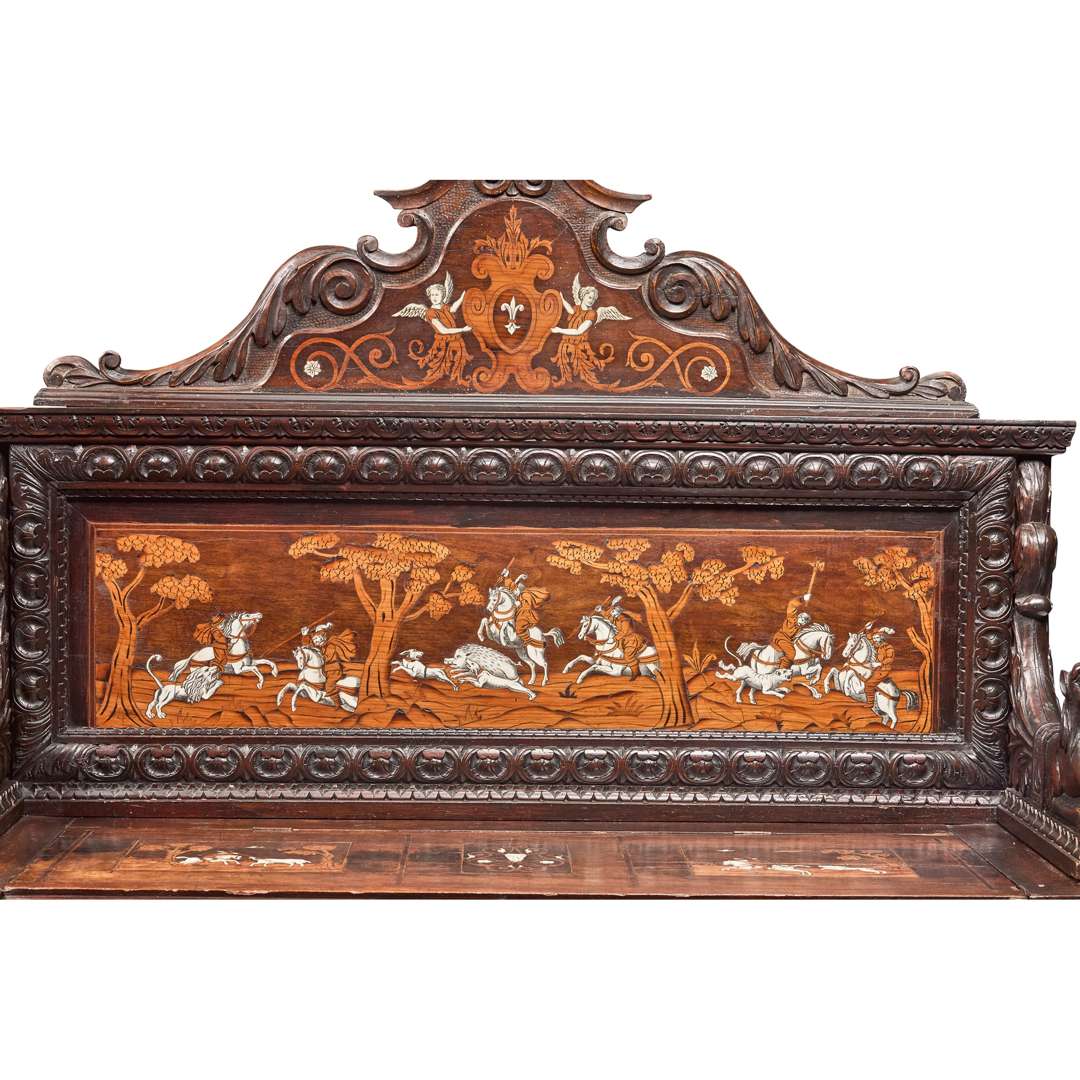 NORTH ITALIAN WALNUT, IVORY AND MARQUETRY HALL BENCH - Image 4 of 6