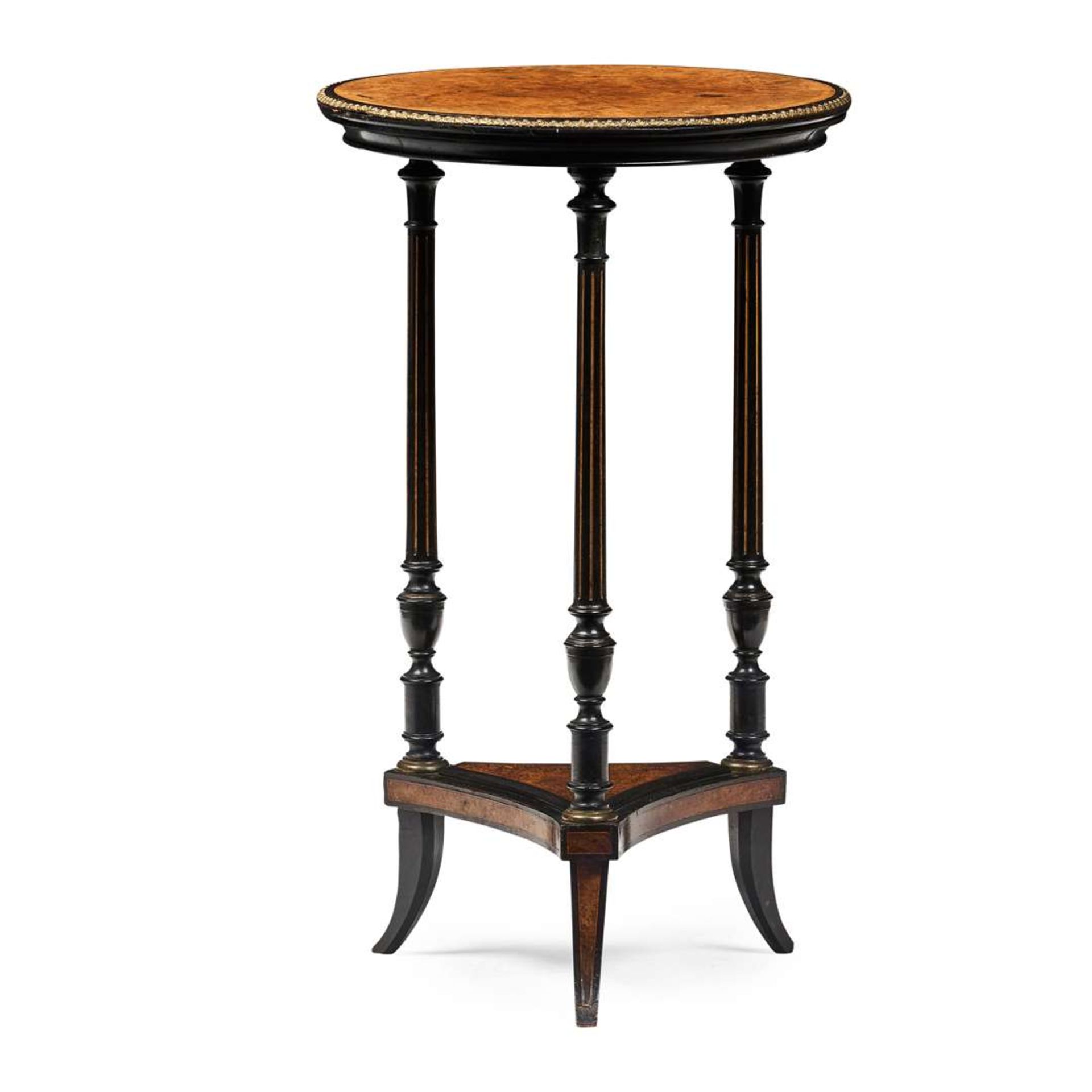 VICTORIAN AMBOYNA AND EBONISED BRASS MOUNTED OCCASIONAL TABLE