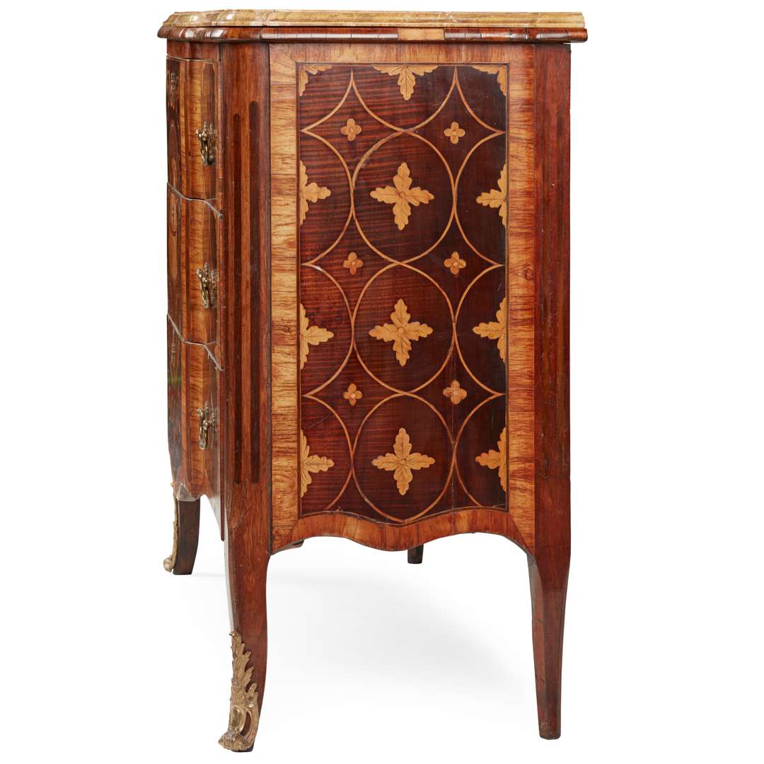 GEORGE III HAREWOOD, ROSEWOOD, AND BOXWOOD BREAKFRONT MARQUETRY MARBLE TOPPED COMMODE - Image 6 of 6