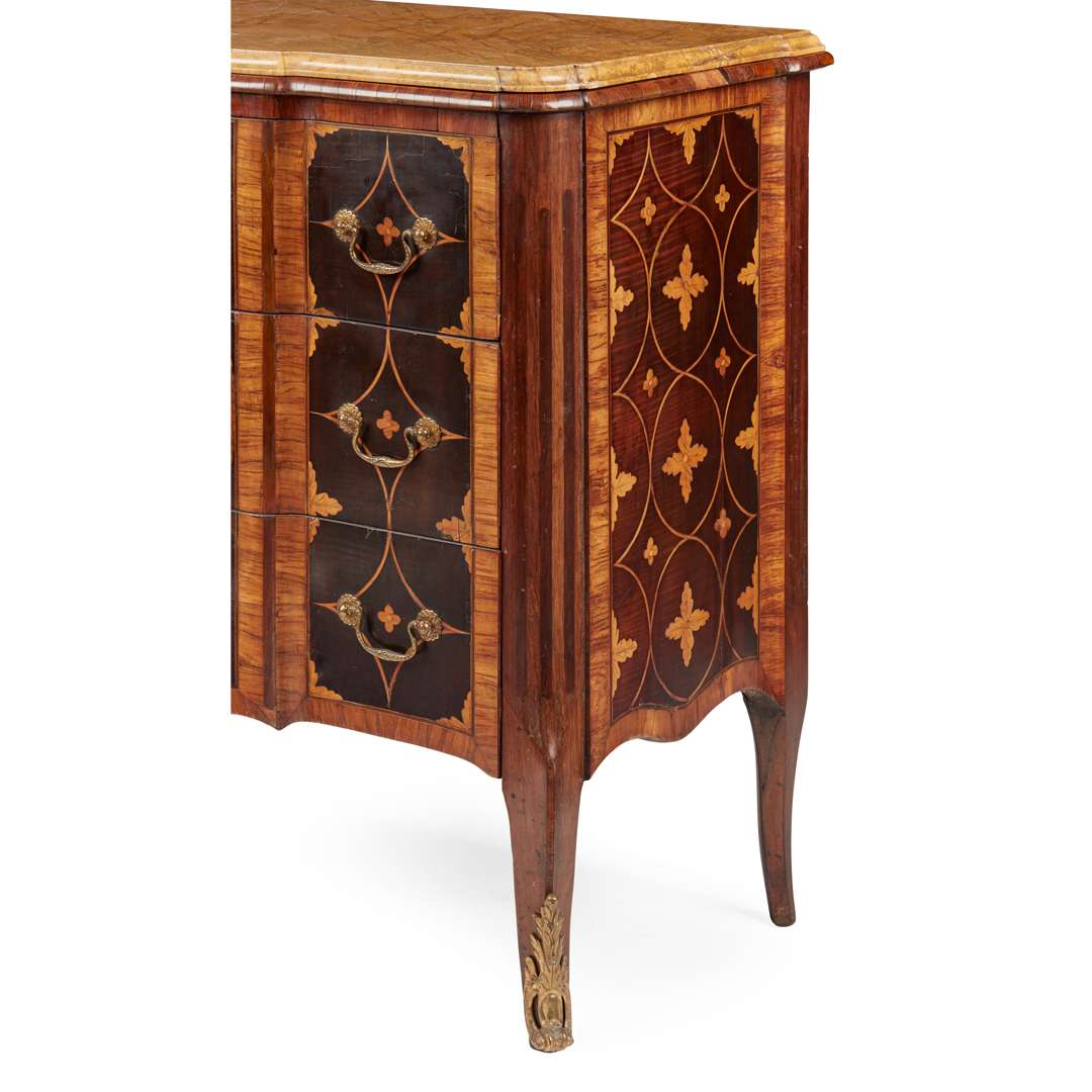 GEORGE III HAREWOOD, ROSEWOOD, AND BOXWOOD BREAKFRONT MARQUETRY MARBLE TOPPED COMMODE - Image 5 of 6