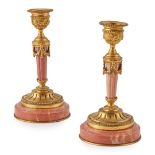 PAIR OF NEOCLASSICAL PINK MARBLE AND GILT METAL CANDLESTICKS