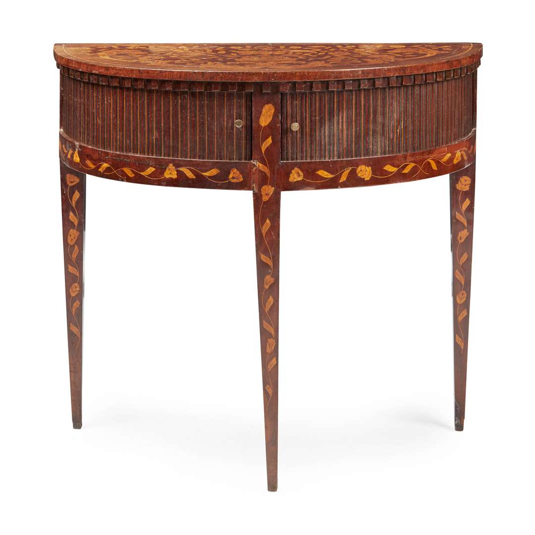DUTCH FLORAL MARQUETRY DEMILUNE MAHOGANY TABLE