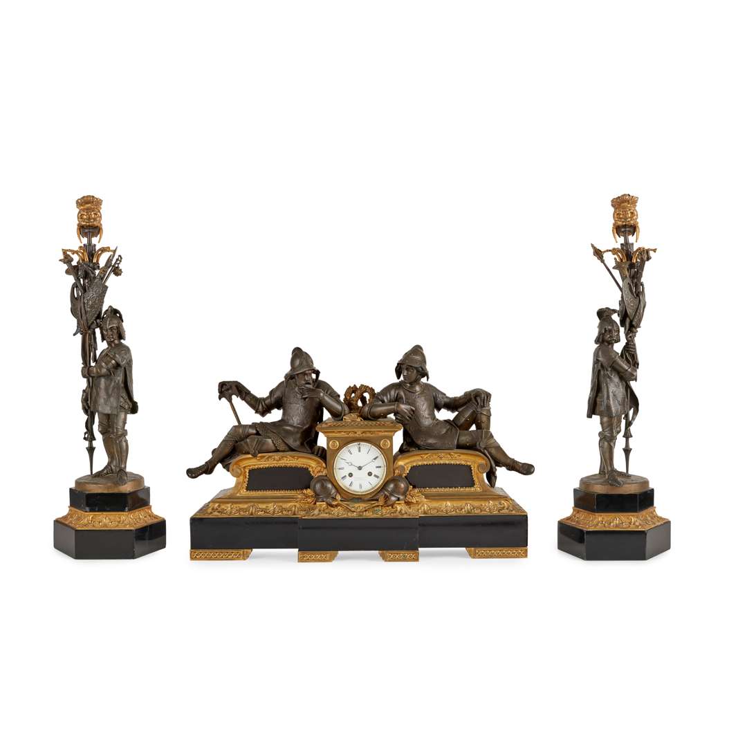 SECOND EMPIRE STYLE GILT AND PATINATED BRONZE FIGURAL CLOCK GARNITURE, BY CHARPENTIER ET CIE, PARIS