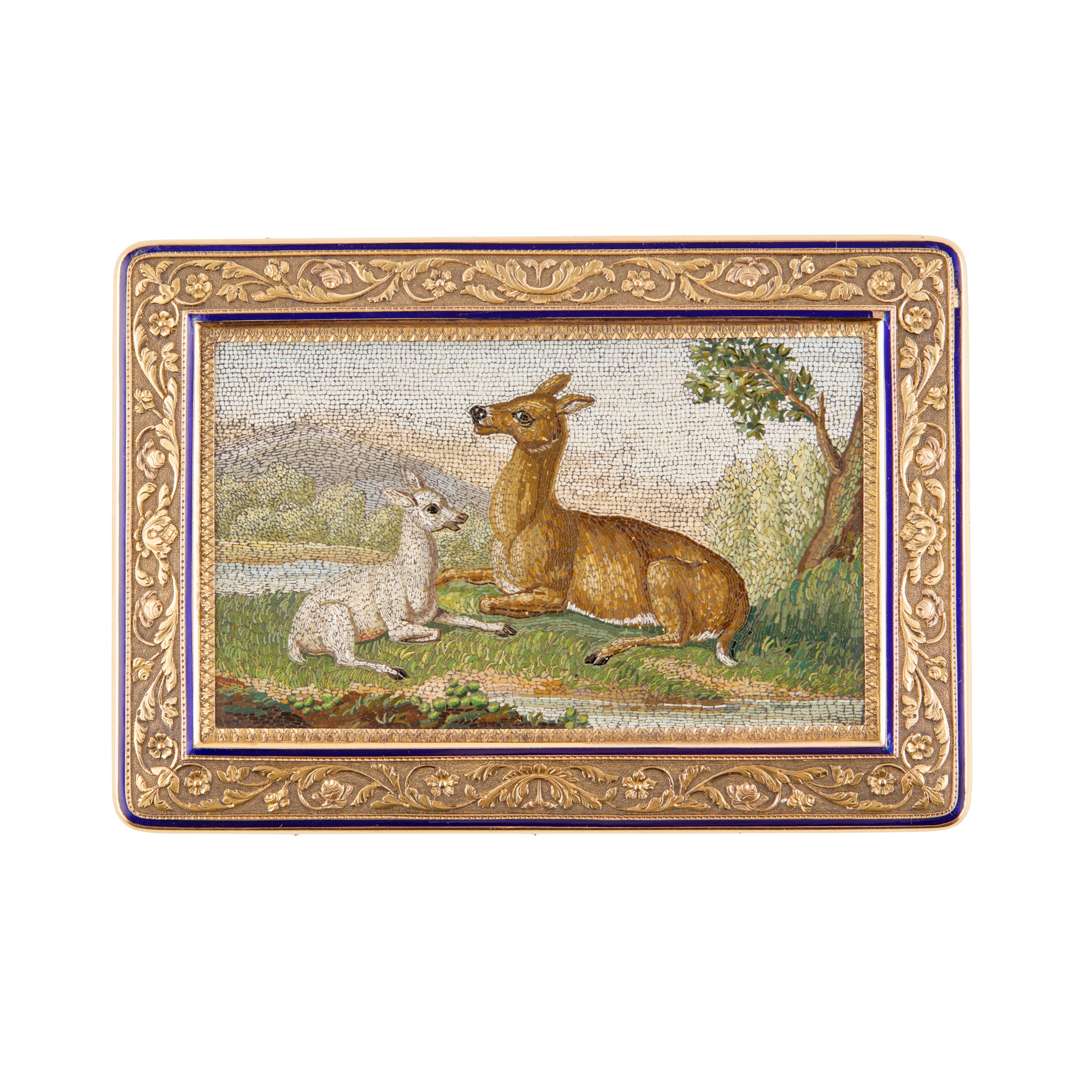 FRENCH GOLD, ENAMEL, AND ROMAN MICROMOSAIC SNUFF BOX, BY PIERRE ANDRE MONTAUBAN, PARIS