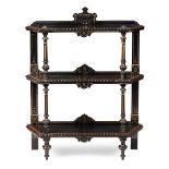 AESTHETIC PERIOD EBONISED, AMBOYNA, AND PARCEL GILT ETAGERE, BY PITT AND SCOTT