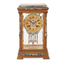FRENCH BRASS AND CHAMPLEVE ENAMEL FOUR GLASS MANTEL CLOCK