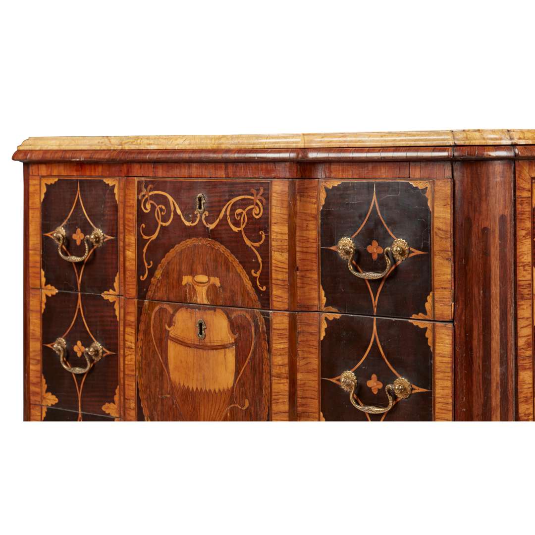 GEORGE III HAREWOOD, ROSEWOOD, AND BOXWOOD BREAKFRONT MARQUETRY MARBLE TOPPED COMMODE - Image 3 of 6